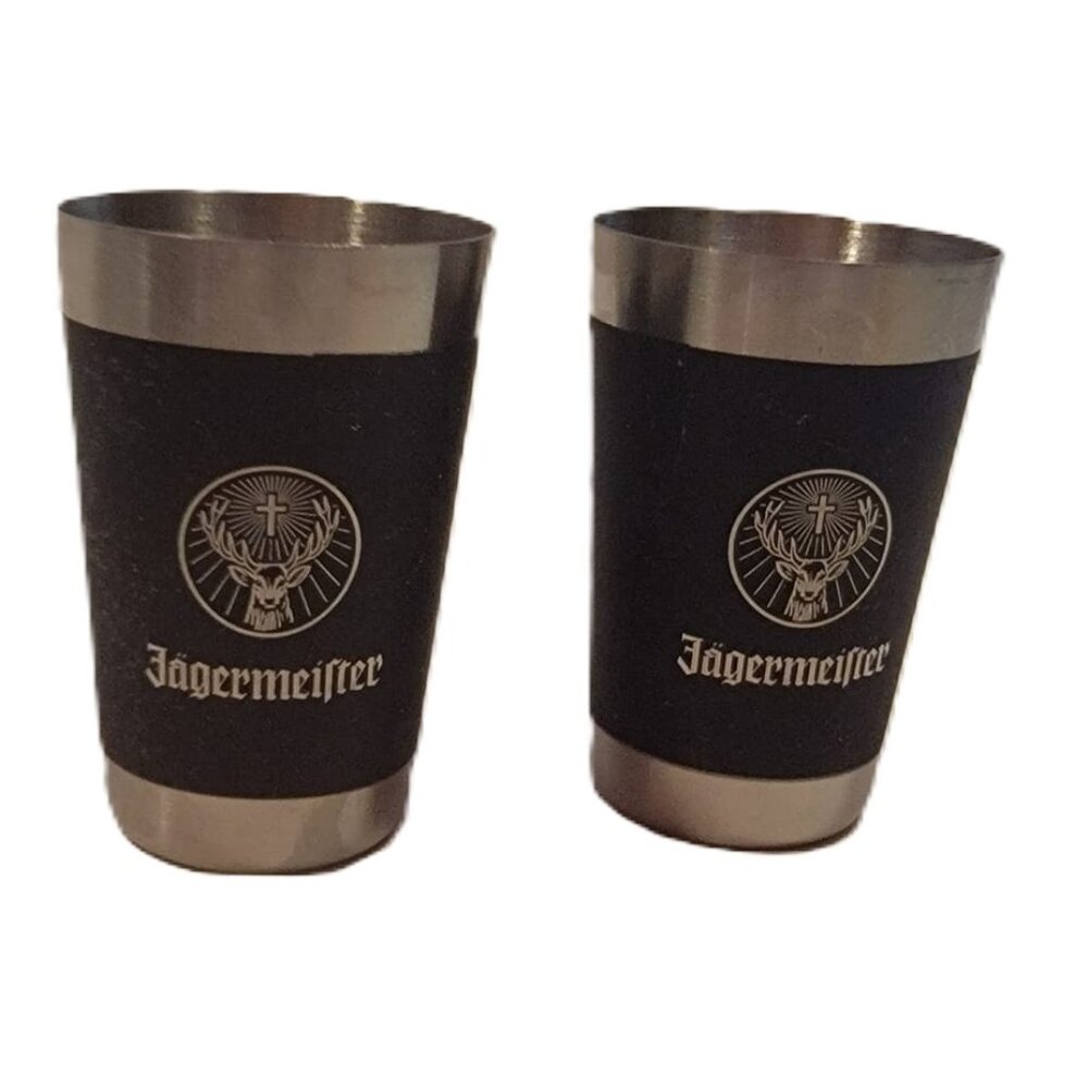 Set of Two JAGERMEISTER Shot Glasses Steel Silver & Black Metal